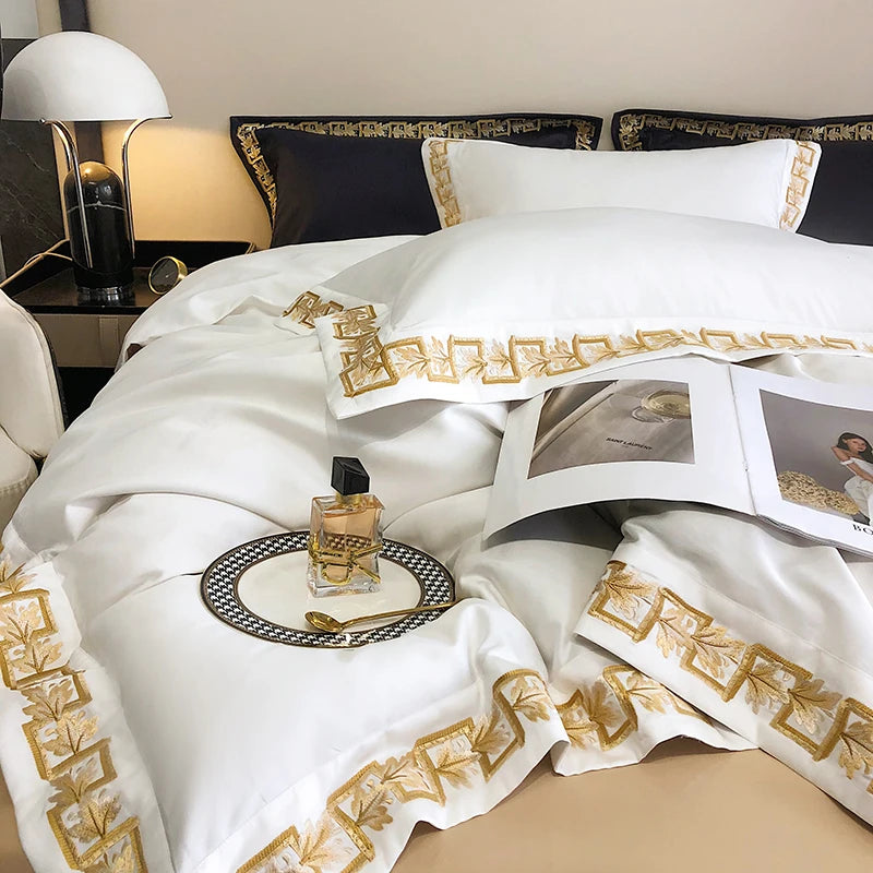 IXORA 800TC Egyptian Cotton Bedding Set Luxury Golden Embroidery Bedsheets