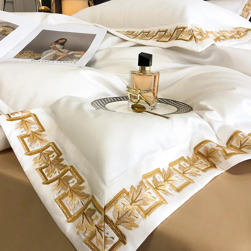 IXORA 800TC Egyptian Cotton Bedding Set Luxury Golden Embroidery Bedsheets