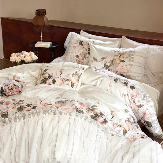 IXORA 1000TC Romantic Lace Ruffles Rose Flowers Print Bedding Set Natural Lyocell Cotton